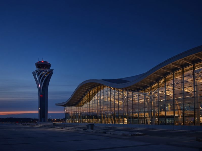 İstanbul Havalimanı terminal binası ve kule, akşam saatleri